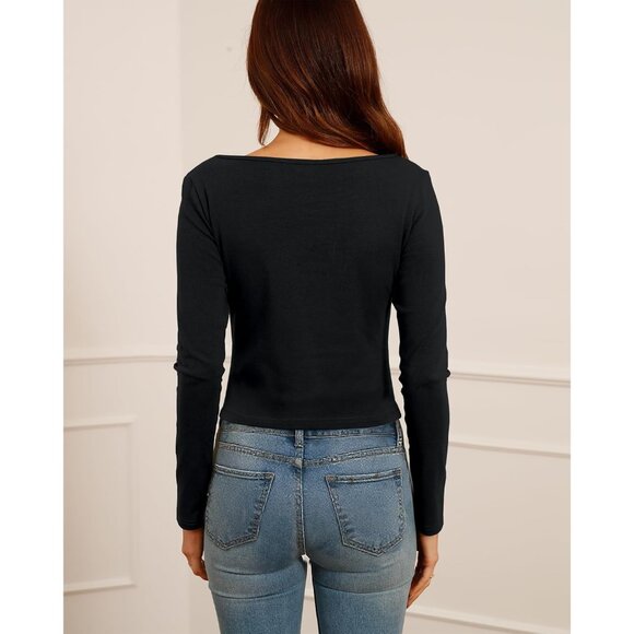 Women's Cropped Boat Neck Long Sleeve Top Cotton Spandex Fall Casual - Picture 2 of 5